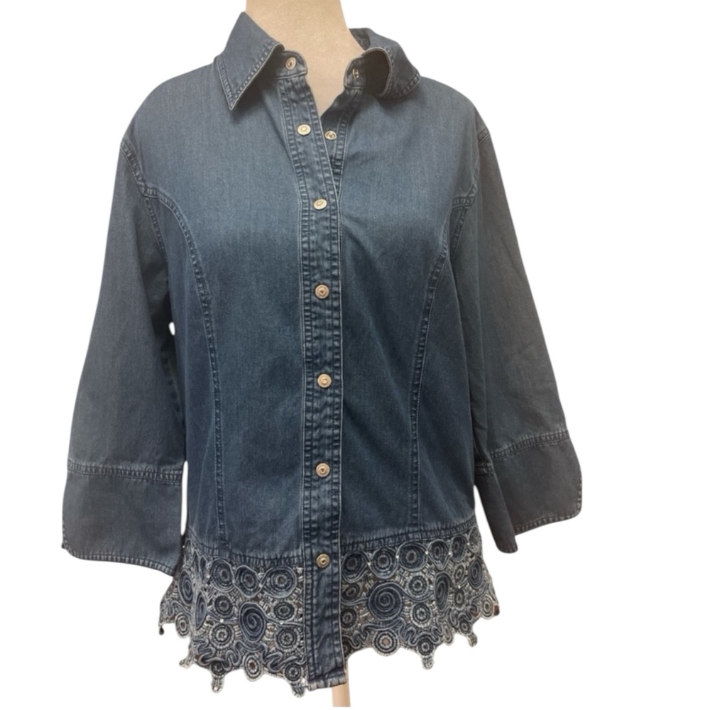 Boho Artisan Denim Jacket L / XL Cutwork Lace Hem Festival Coastal